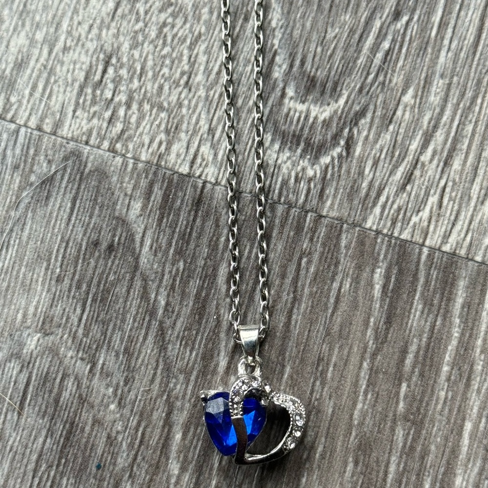 Silver Heart Pendant Necklace with Blue Gemstone